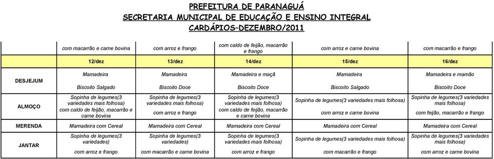 e frango com caldo de feijão, macarrão e carne bovina com arroz e carne bovina variedades com feijão, macarrão e frango MERENDA Mamadeira com Cereal Mamadeira com Cereal Mamadeira com