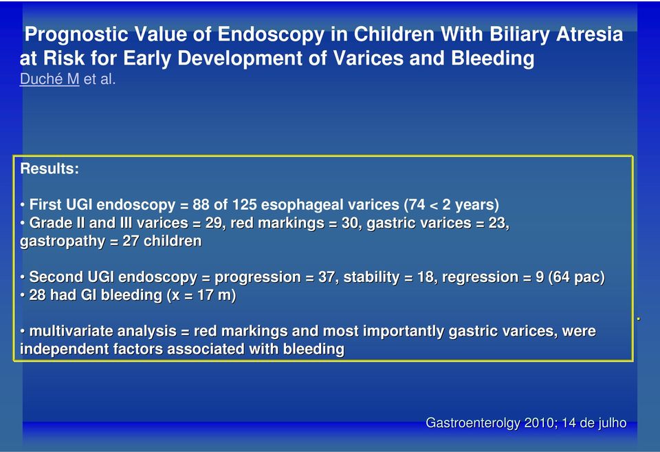 23, gastropathy = 27 children Second UGI endoscopy = progression = 37, stability = 18, regression sion = 9 (64 pac) 28 had GI bleeding (x = 17 m)