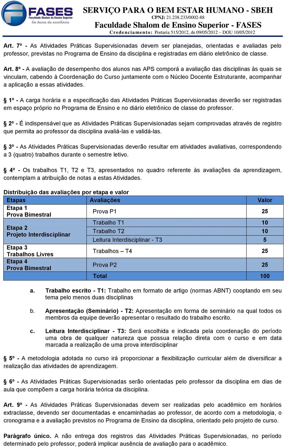 8º - A avaliação de desempenho dos alunos nas APS comporá a avaliação das disciplinas às quais se vinculam, cabendo à Coordenação do Curso juntamente com o Núcleo Docente Estruturante, acompanhar a