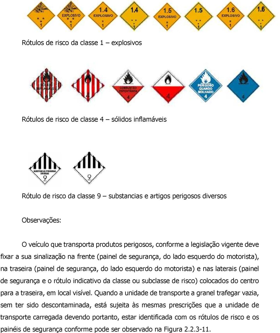 motorista) e nas laterais (painel de segurança e o rótulo indicativo da classe ou subclasse de risco) colocados do centro para a traseira, em local visível.