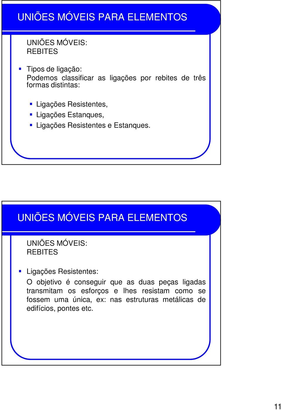 Ligações Resistentes: O objetivo é conseguir que as duas peças ligadas transmitam os