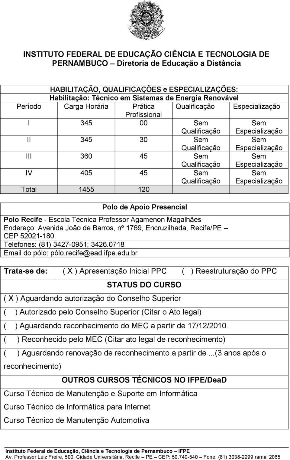 Especialização IV 405 45 Sem Qualificação Sem Especialização Total 1455 120 Polo de Apoio Presencial Polo Recife - Escola Técnica Professor Agamenon Magalhães Endereço: Avenida João de Barros, nº