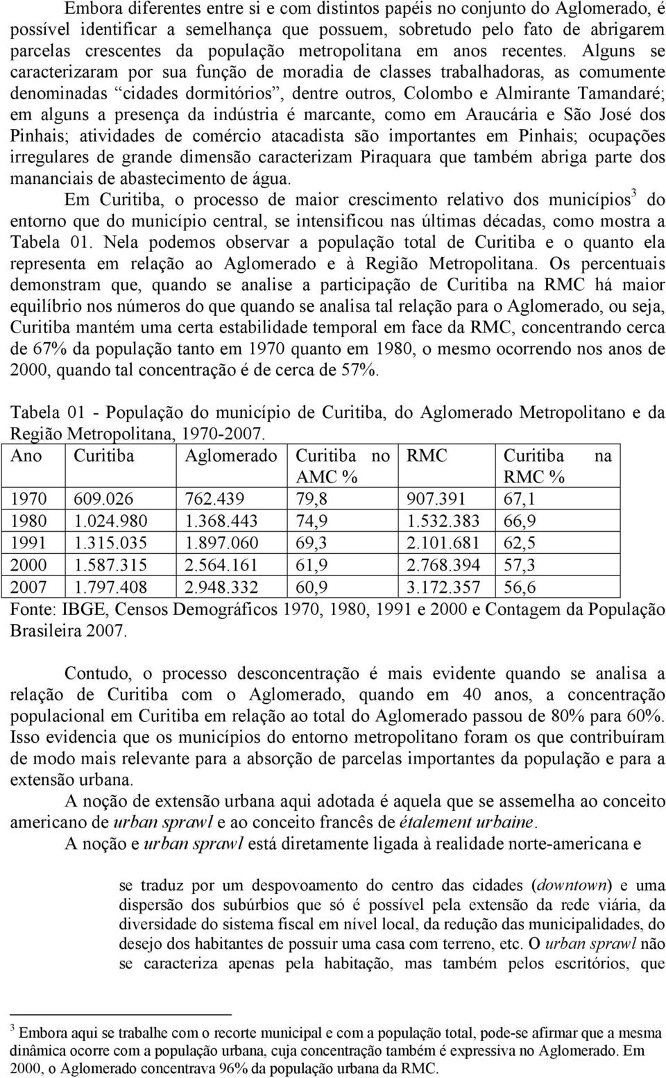 Alguns se caracterizaram por sua função de moradia de classes trabalhadoras, as comumente denominadas cidades dormitórios, dentre outros, Colombo e Almirante Tamandaré; em alguns a presença da