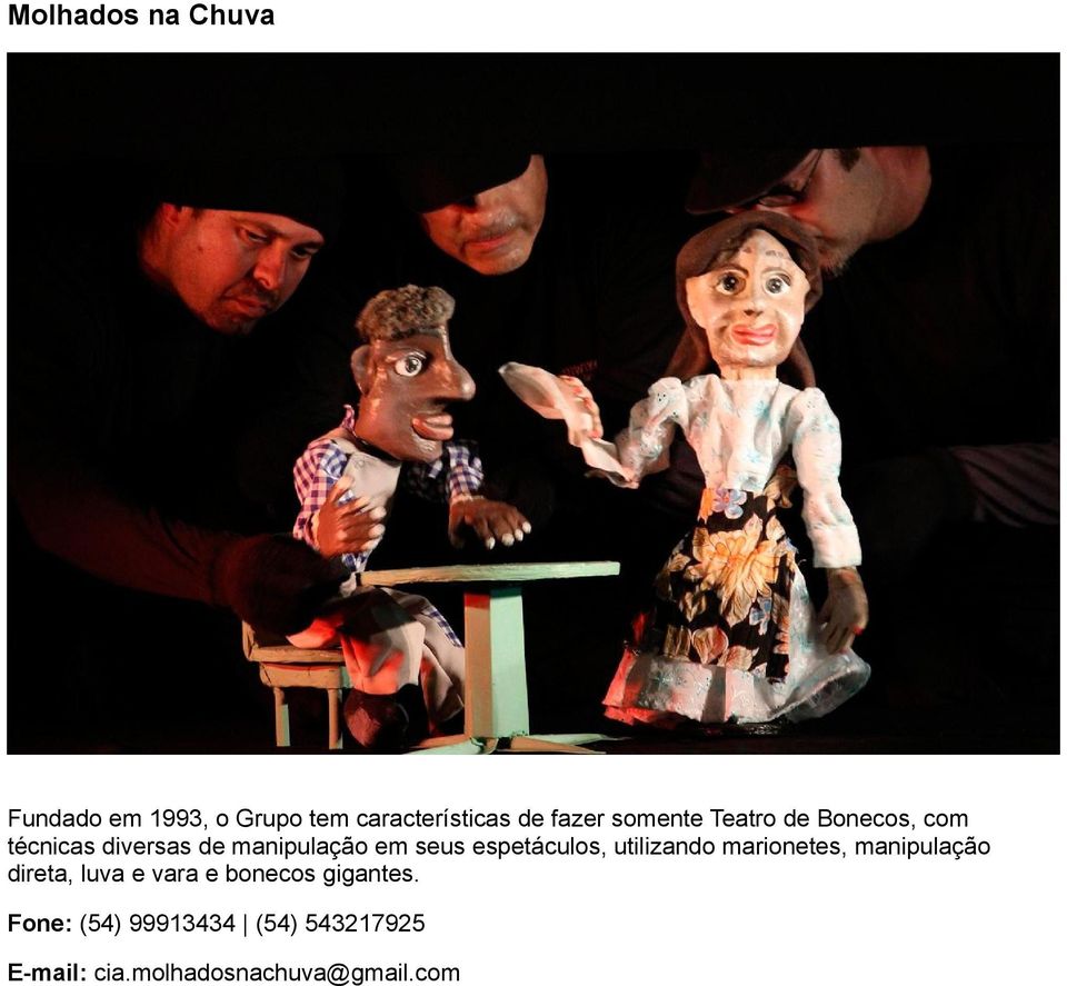 espetáculos, utilizando marionetes, manipulação direta, luva e vara e