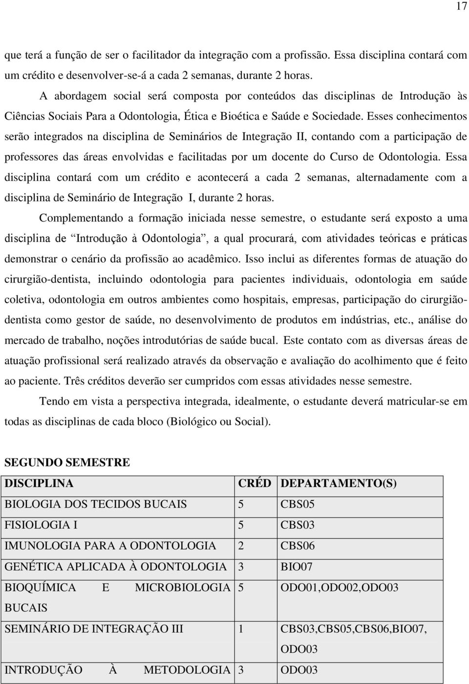 Esses conhecimentos serão integrados na disciplina de Seminários de Integração II, contando com a participação de professores das áreas envolvidas e facilitadas por um docente do Curso de Odontologia.