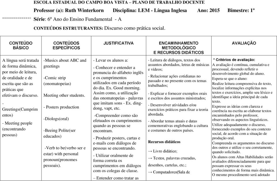 CONTEÚDO BÁSICO CONTEÚDOS ESPECÍFICOS JUSTIFICATIVA ENCAMINHAMENTO METODOLÓGICO E RECURSOS DIDÁTICOS AVALIAÇÃO A língua será tratada de forma dinâmica, por meio de leitura, de oralidade e de escrita