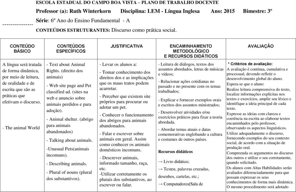 CONTEÚDO BÁSICO CONTEÚDOS ESPECÍFICOS JUSTIFICATIVA ENCAMINHAMENTO METODOLÓGICO E RECURSOS DIDÁTICOS AVALIAÇÃO A língua será tratada de forma dinâmica, por meio de leitura, de oralidade e de escrita