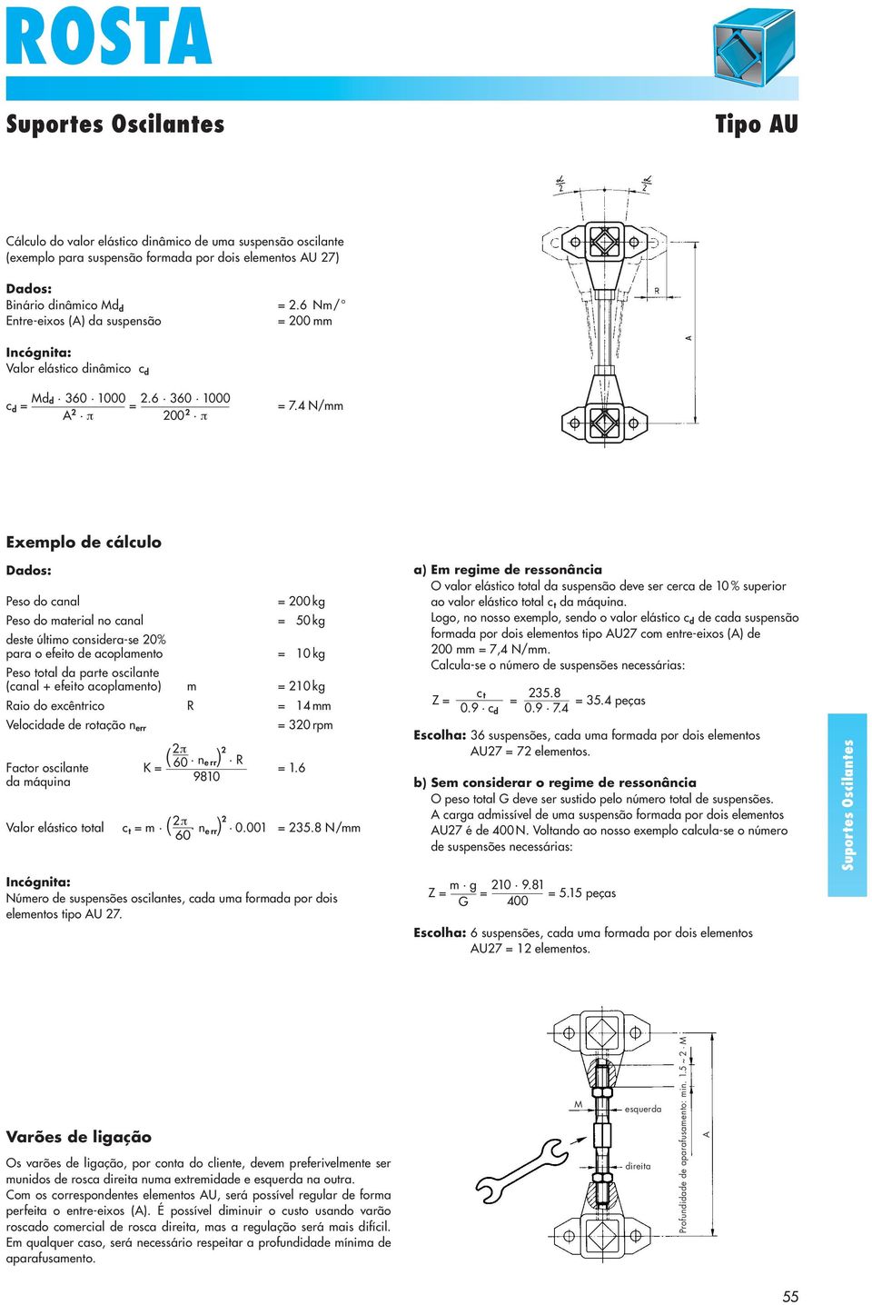 4 N/mm Exemplo de cálculo Dados: Peso do canal = 200 kg Peso do material no canal = 50 kg deste último considera-se 20% para o efeito de acoplamento = 10 kg Peso total da parte oscilante (canal +