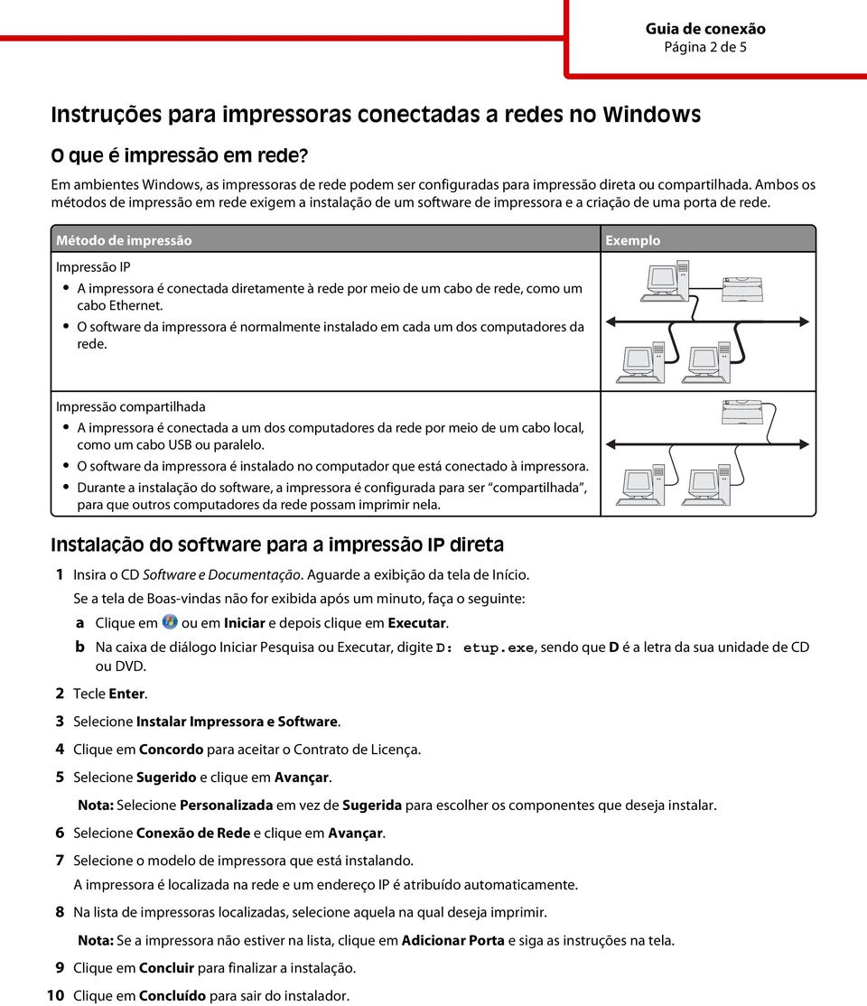 Amos os métodos de impressão em rede exigem a instalação de um software de impressora e a criação de uma porta de rede.