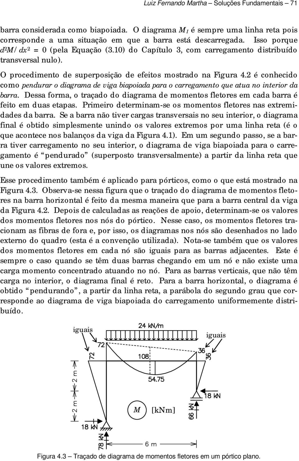 é conhecido como pendurar o diagrama de viga biapoiada para o carregamento que atua no interior da barra. Dessa forma, o traçado do diagrama de momentos fetores em cada barra é feito em duas etapas.