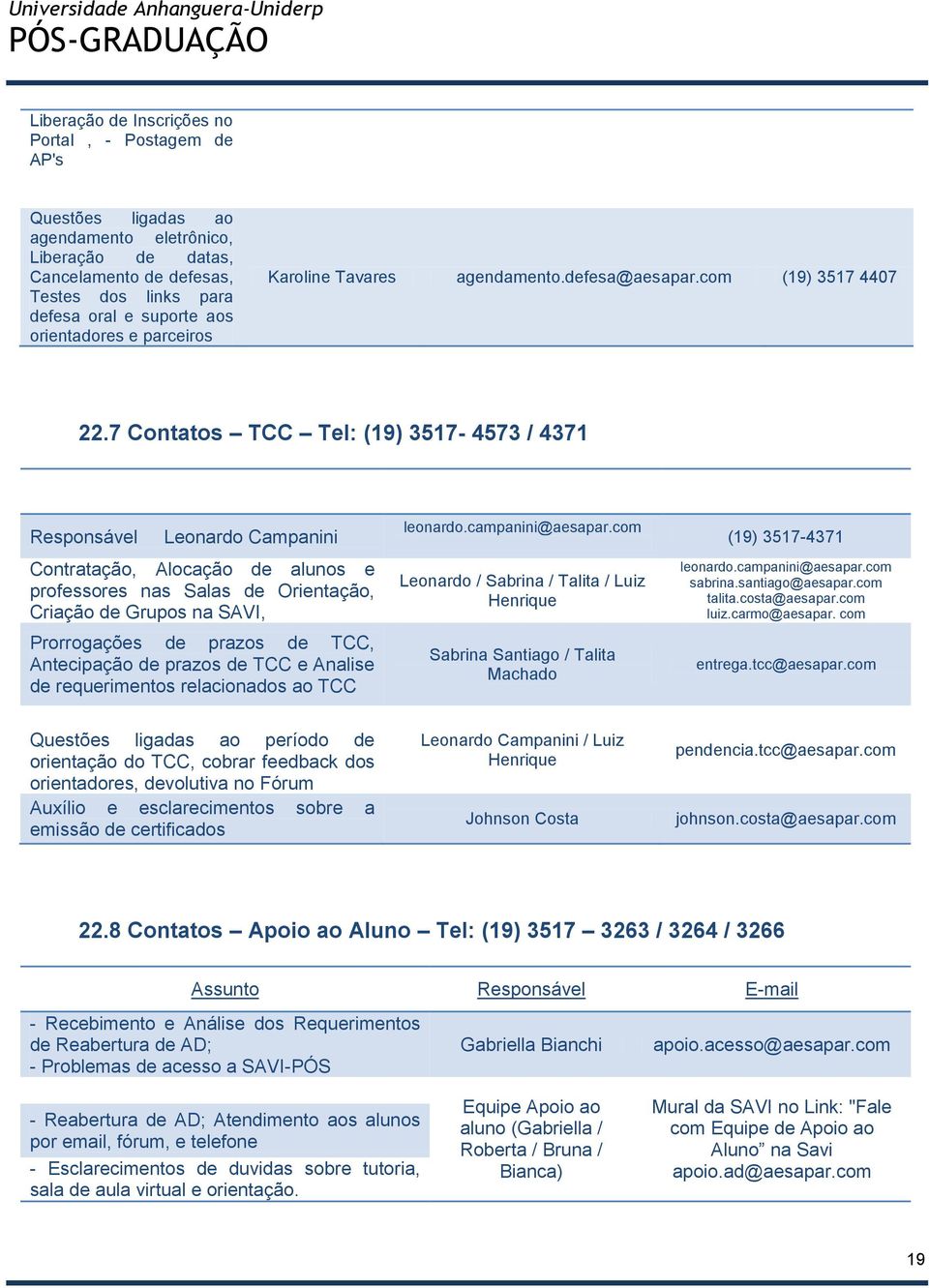 7 Contatos TCC Tel: (19) 3517-4573 / 4371 Responsável Leonardo Campanini Contratação, Alocação de alunos e professores nas Salas de Orientação, Criação de Grupos na SAVI, Prorrogações de prazos de