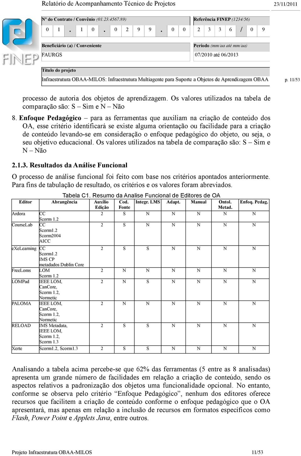 do objeto, ou seja, o seu objetivo educacional Os valores utilizados na tabela de comparação são: S Sim e ão Resultados da Análise Funcional O processo de análise funcional foi feito com base nos