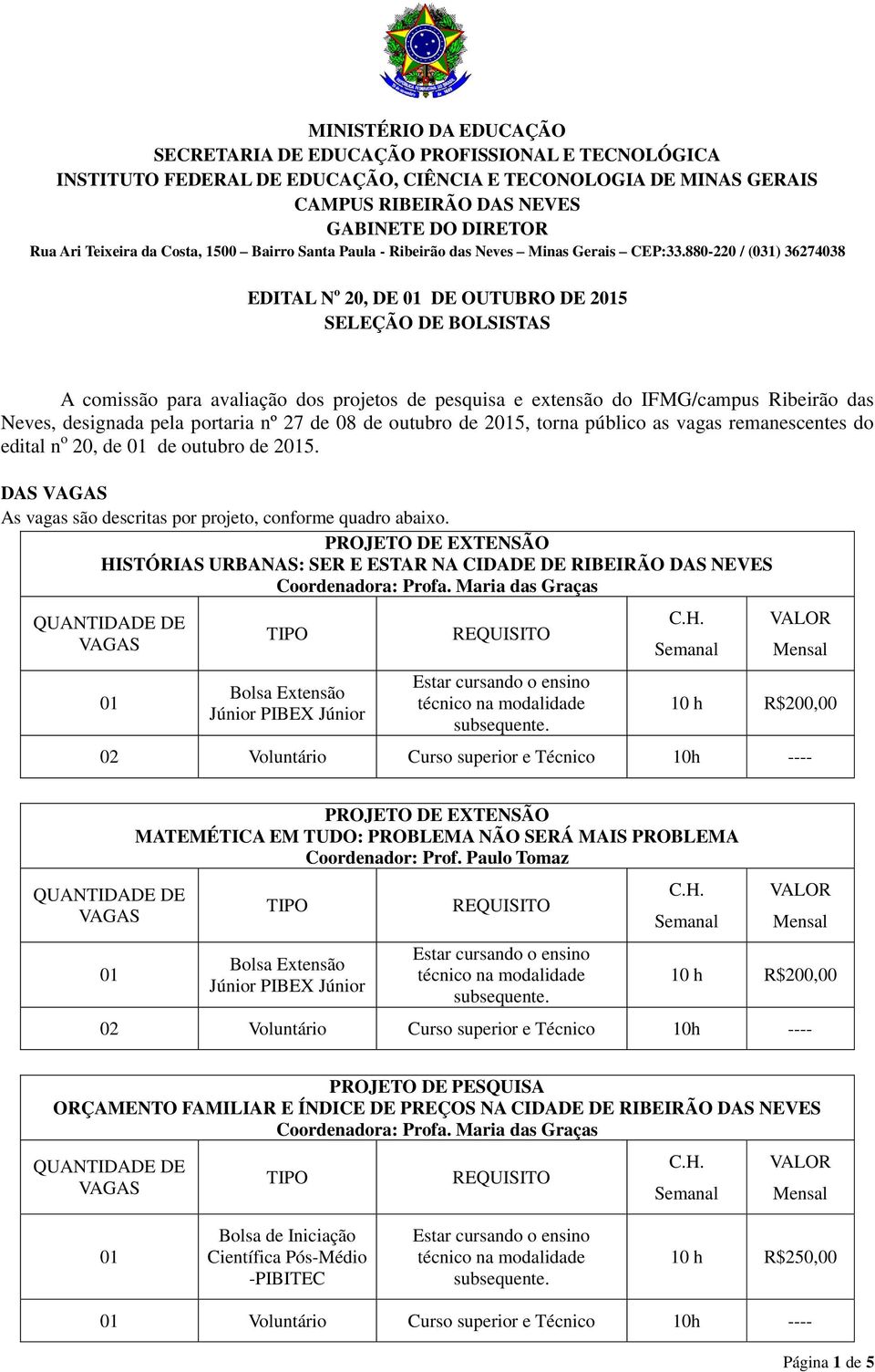 880-220 / (031) 36274038 EDITAL N o 20, DE DE OUTUBRO DE 25 SELEÇÃO DE BOLSISTAS A comissão para avaliação dos projetos de pesquisa e extensão do IFMG/campus Ribeirão das Neves, designada pela