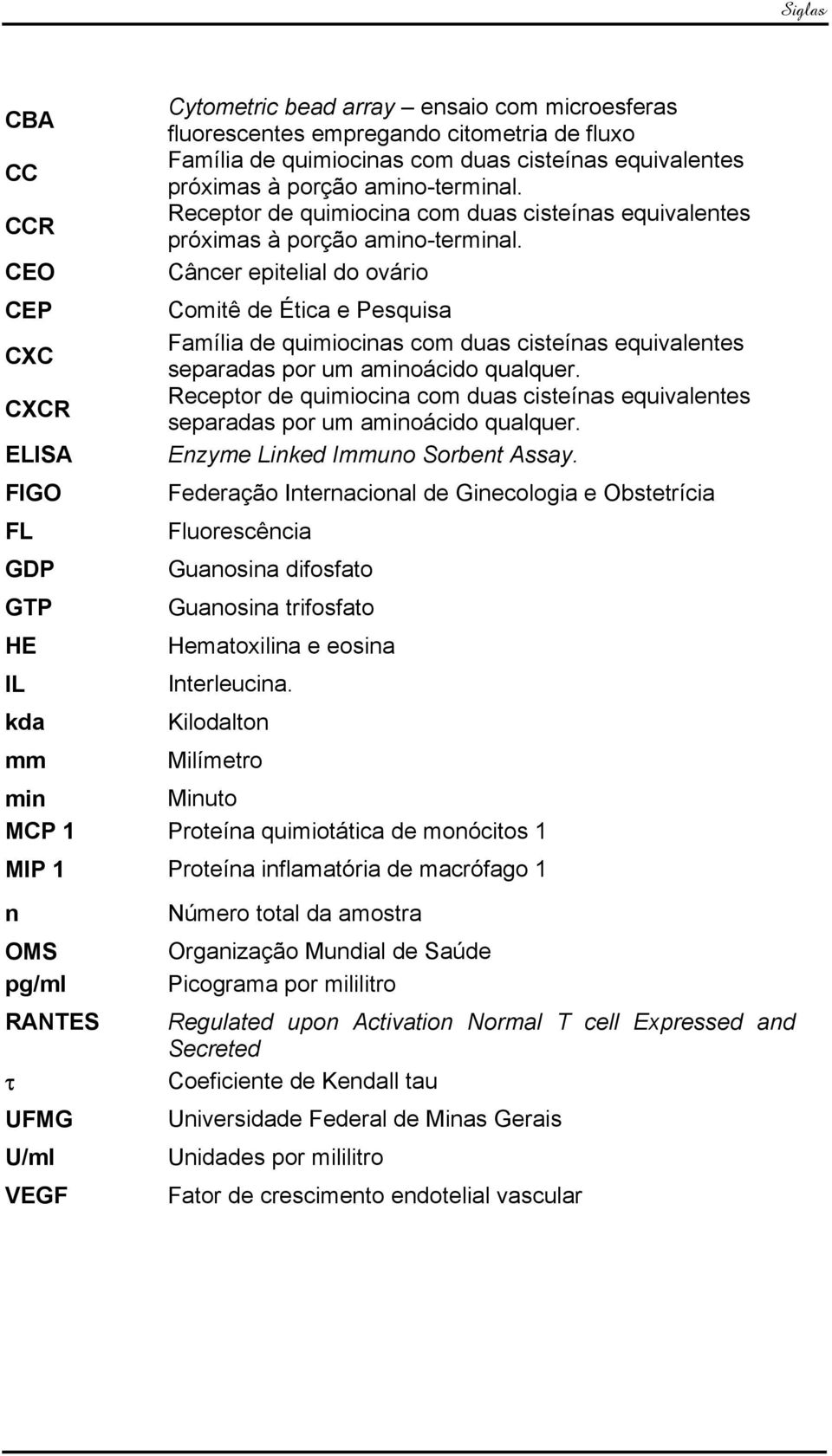 CEO Câncer epitelial do ovário CEP Comitê de Ética e Pesquisa CXC Família de quimiocinas com duas cisteínas equivalentes separadas por um aminoácido qualquer.