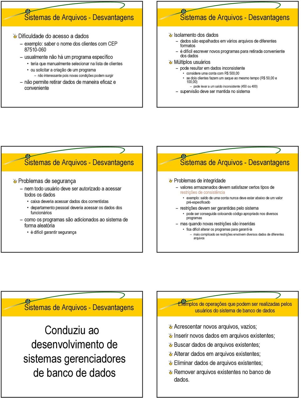 diferentes formatos é difícil escrever novos programas para retirada conveniente dos dados Múltiplos usuários pode resultar em dados inconsistente considere uma conta com R$ 500,00 se dois clientes