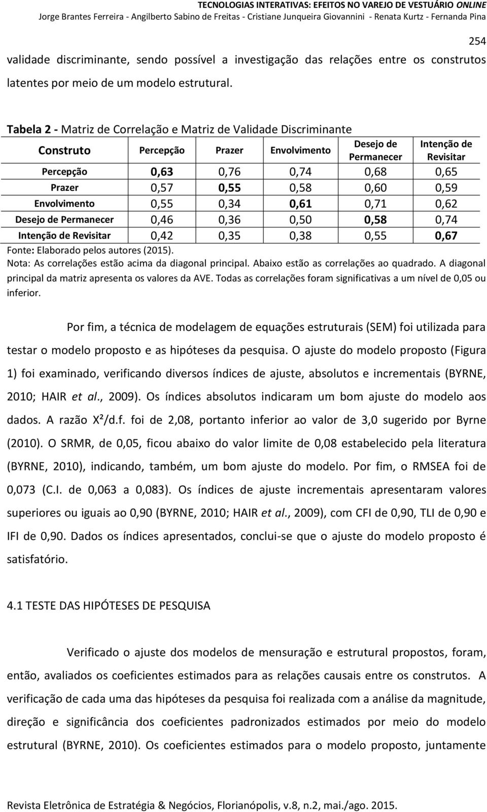 0,57 0,55 0,58 0,60 0,59 Envolvimento 0,55 0,34 0,61 0,71 0,62 Desejo de Permanecer 0,46 0,36 0,50 0,58 0,74 Intenção de Revisitar 0,42 0,35 0,38 0,55 0,67 Fonte: Elaborado pelos autores (2015).