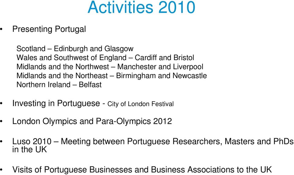 Ireland Belfast Investing in Portuguese - City of London Festival London Olympics and Para-Olympics 2012 Luso 2010