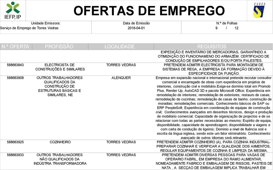 CERTIFICADO DE CONDUÇÃO DE EMPILHADORES E/OU PORTA PALESTES. PRETENDEM ADMITIR ELECTRICISTA PARA MONTAGEM DE SISTEMAS DE REGA, A EMPRESA DÁ FORMAÇÃO DEVIDO À ESPECIFICIDADE DA FUNÇÃO.