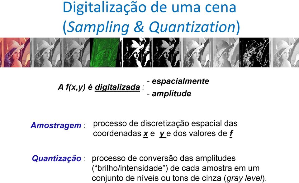 coordenadas x e y e dos valores de f Quantização : processo de conversão das