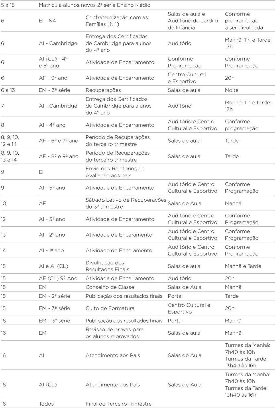 Certificados de Cambridge para alunos do 4º ano 8 AI - 4º ano Atividade de Encerramento 8, 9, 10, 12 e 14 8, 9, 10, 13 e 14 9 EI AF - 6º e 7º ano AF - 8º e 9º ano Período de Recuperações do terceiro