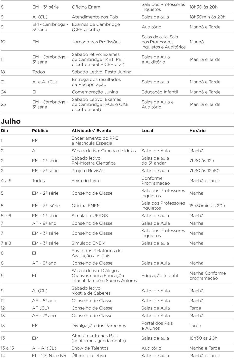 Sábado Letivo: Exames de Cambridge (FCE e CAE escrito e oral) e 1 EM Encerramento do PPE e Matrícula Especial 2 AI Ciranda de Ideias 2 EM - 2ª série Pré-Mostra Científica do 3º andar 7h30 às 12h 2 EM