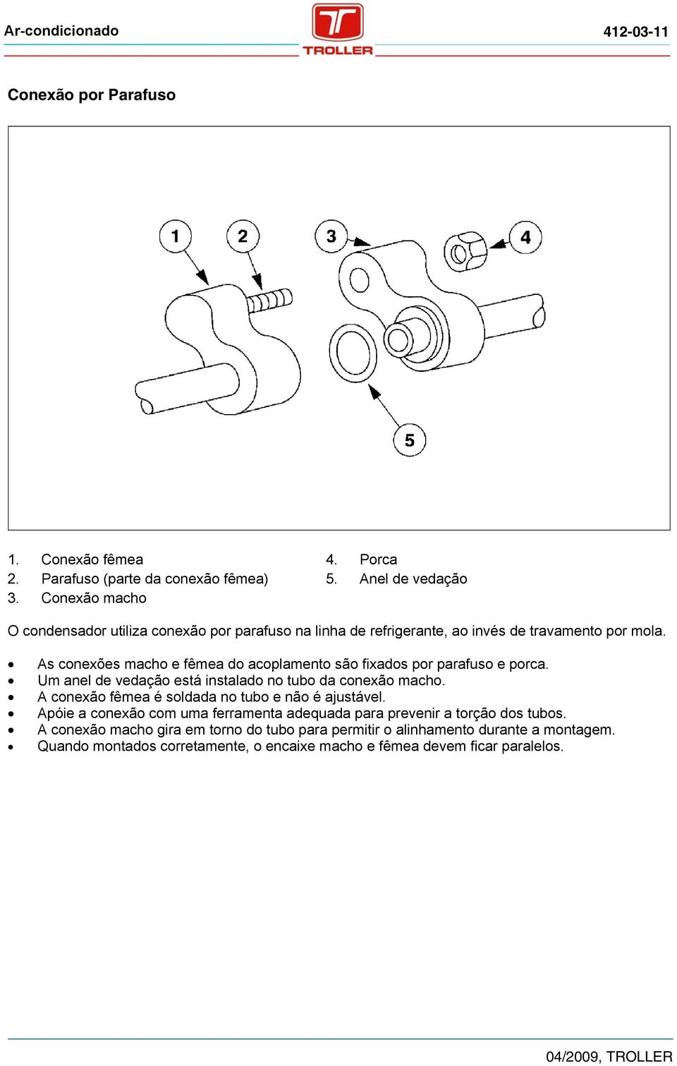 As conexões macho e fêmea do acoplamento são fixados por parafuso e porca. Um anel de vedação está instalado no tubo da conexão macho.