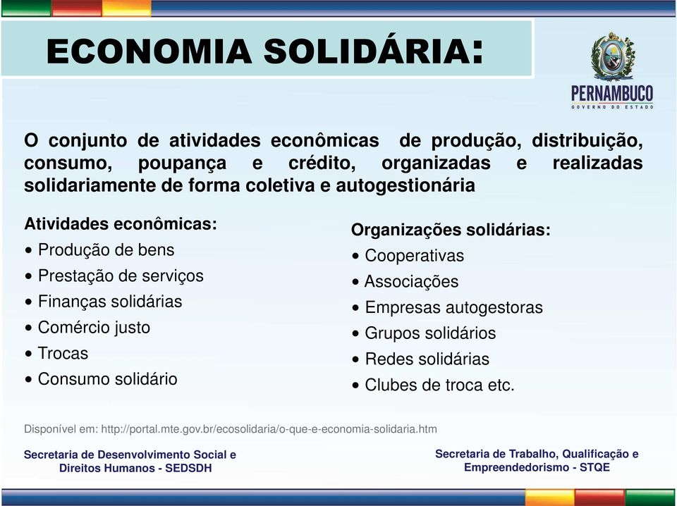Finanças solidárias Comércio justo Trocas Consumo solidário Organizações solidárias: Cooperativas Associações Empresas