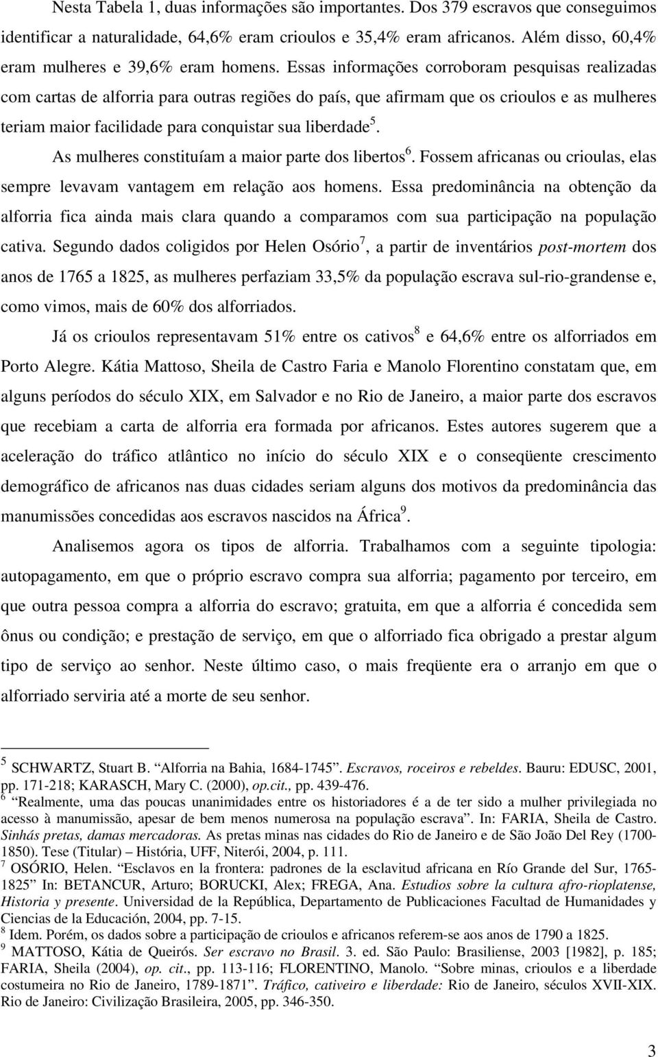 Essas informações corroboram pesquisas realizadas com cartas de alforria para outras regiões do país, que afirmam que os crioulos e as mulheres teriam maior facilidade para conquistar sua liberdade 5.