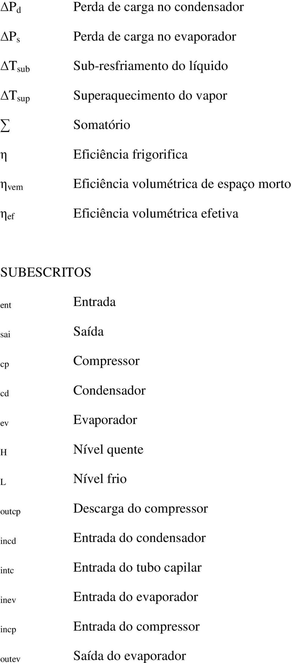 SUBESCRITOS ent sai cp cd ev H L outcp incd intc inev incp outev Entrada Saída Compressor Condensador Evaporador Nível quente