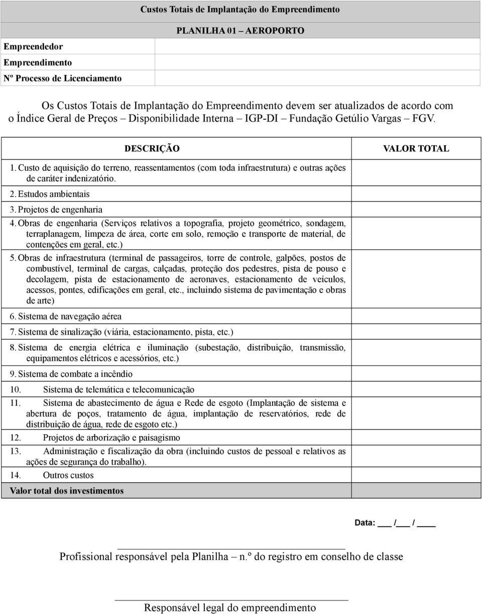 Obras de engenharia (Serviços relativos a topografia, projeto geométrico, sondagem, terraplanagem, limpeza de área, corte em solo, remoção e transporte de material, de contenções em geral, etc.) 5.