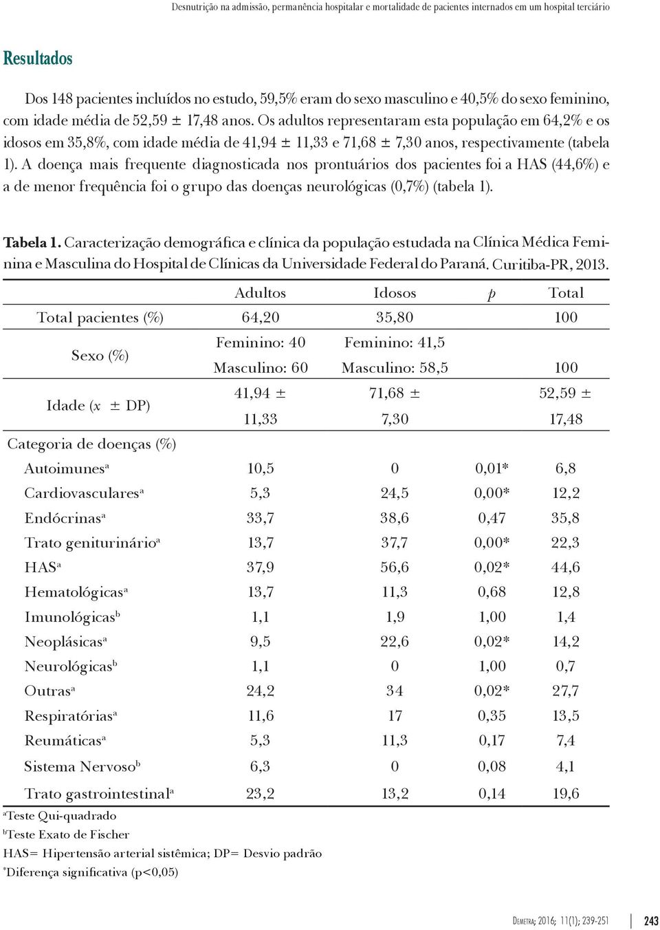 Os adultos representaram esta população em 64,2% e os idosos em 35,8%, com idade média de 41,94 ± 11,33 e 71,68 ± 7,30 anos, respectivamente (tabela 1).