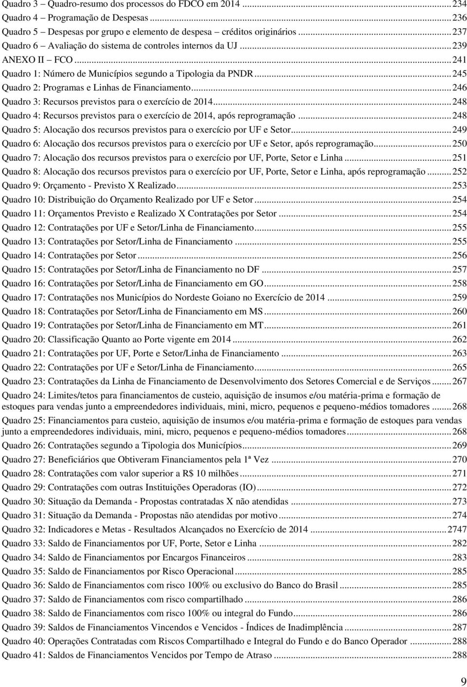 .. 245 Quadro 2: Programas e Linhas de Financiamento... 246 Quadro 3: Recursos previstos para o exercício de 2014... 248 Quadro 4: Recursos previstos para o exercício de 2014, após reprogramação.