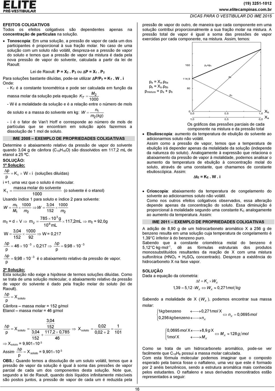 No caso de uma solução com um soluto ão volátil, desreza-se a ressão de vaor do soluto e temos que a ressão de vaor da mistura é dada ela ova ressão de vaor do solvete, calculada a artir da lei de