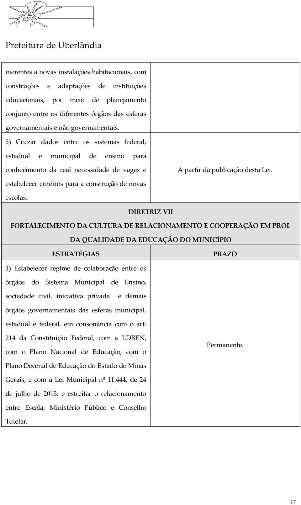 DIRETRIZ VII FORTALECIMENTO DA CULTURA DE RELACIONAMENTO E COOPERAÇÃO EM PROL DA QUALIDADE DA EDUCAÇÃO DO MUNICÍPIO ESTRATÉGIAS PRAZO 1) Estabelecer regime de colaboração entre os órgãos do Sistema