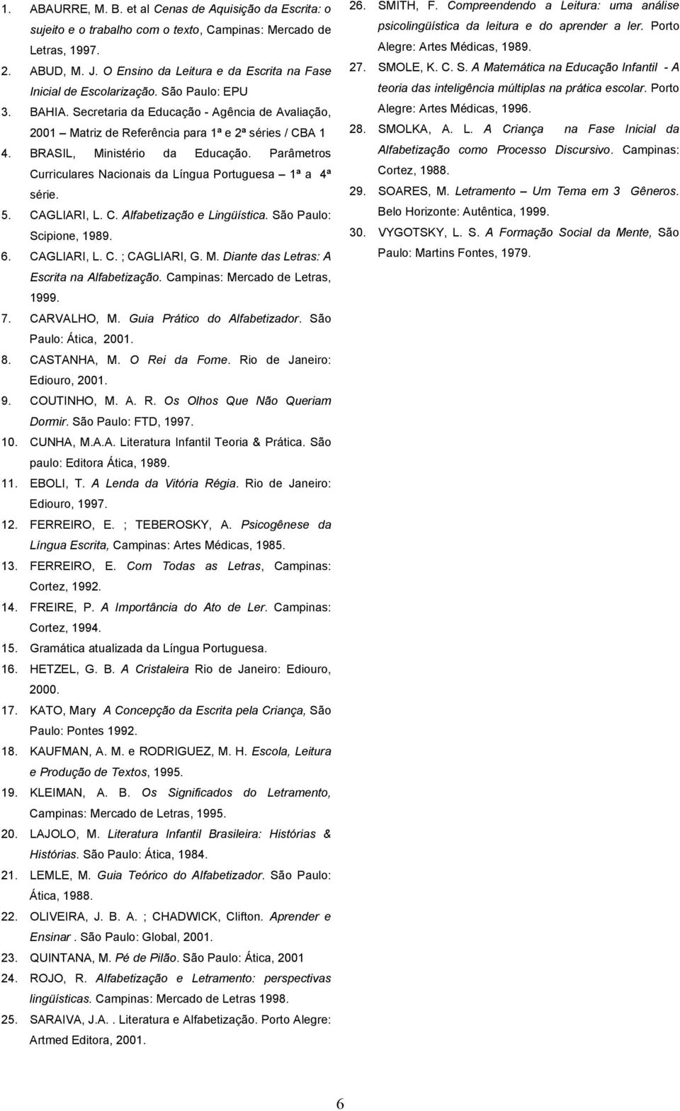 BRASIL, Ministério da Educação. Parâmetros Curriculares Nacionais da Língua Portuguesa 1ª a 4ª série. 5. CAGLIARI, L. C. Alfabetização e Lingüística. São Paulo: Scipione, 1989. 6. CAGLIARI, L. C. ; CAGLIARI, G.