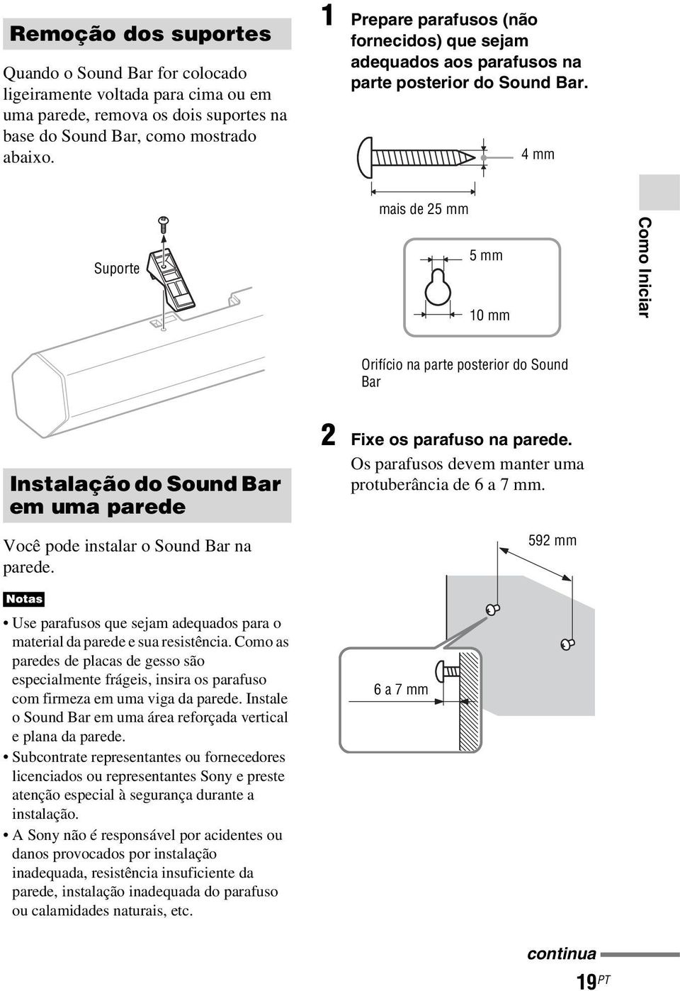 4mm Suporte mais de 25 mm 5mm 10 mm Como Iniciar Orifício na parte posterior do Sound Bar Instalação do Sound Bar em uma parede Você pode instalar o Sound Bar na parede.