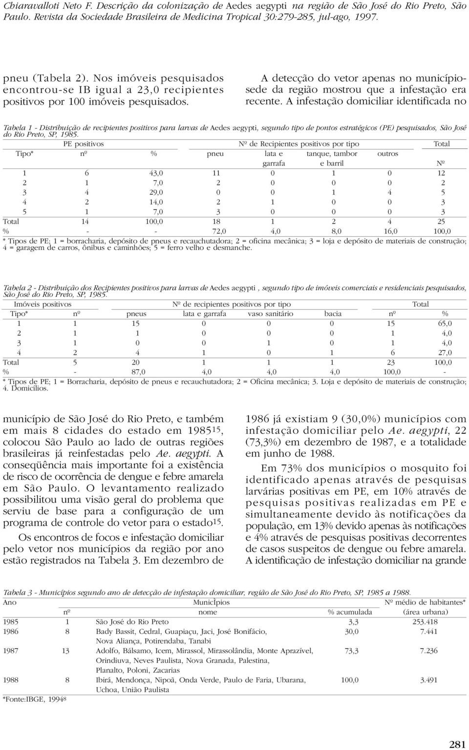 A infestação domiciliar identificada no Tabela 1 - Distribuição de recipientes positivos para larvas de Aedes aegypti, segundo tipo de pontos estratégicos (PE) pesquisados, São José do Rio Preto, SP,