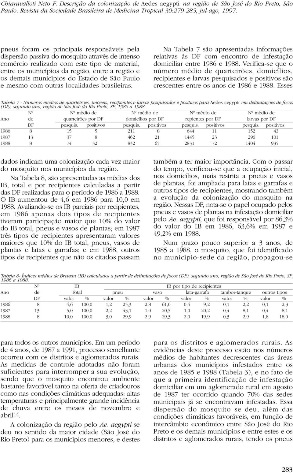 Verifica-se que o número médio de quarteirões, domicílios, recipientes e larvas pesquisados e positivos são crescentes entre os anos de 1986 e 1988.