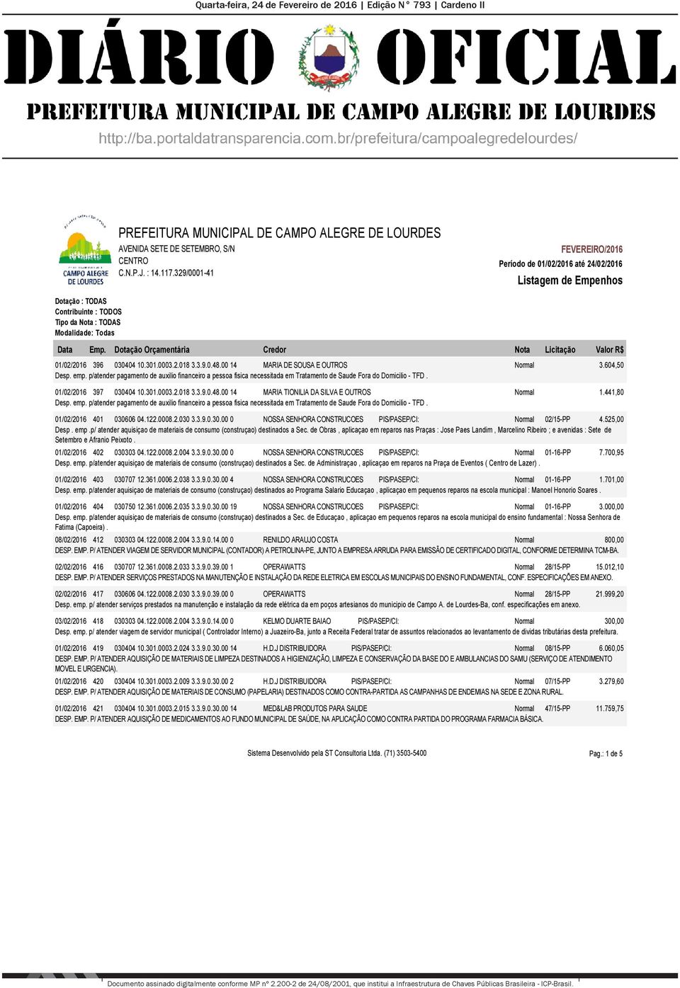 00 14 MARIA TIONILIA DA SILVA E OUTROS Normal 1.441,80 Desp. emp. p/atender pagamento de auxilio financeiro a pessoa fisica necessitada em Tratamento de Saude Fora do Domicilio - TFD.