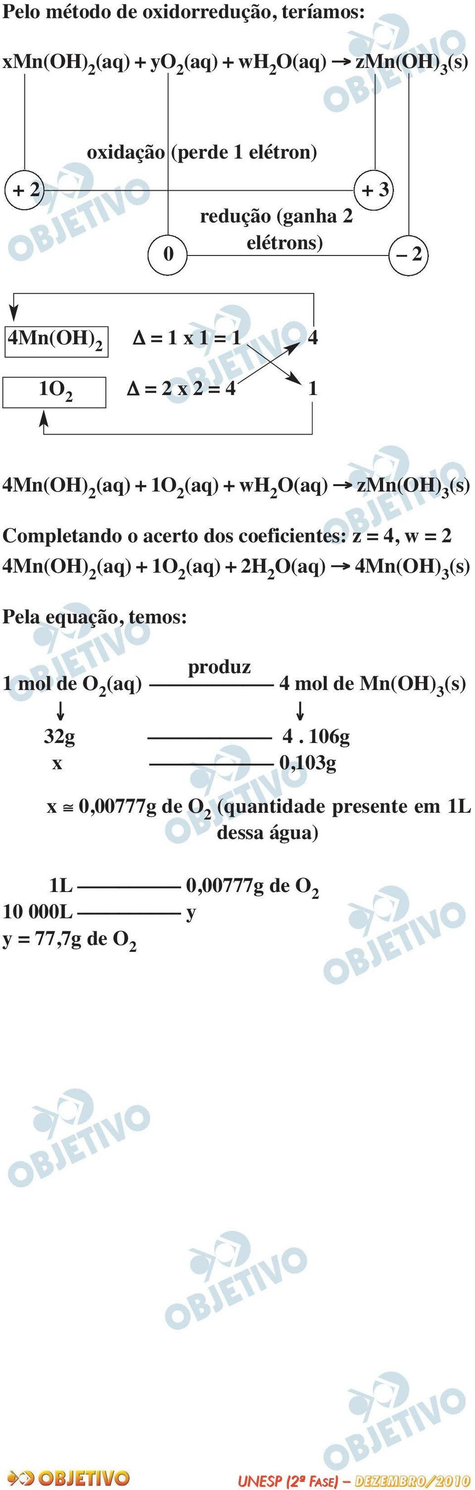 acerto dos coeficientes: z = 4, w = 2 4Mn(OH) 2 (aq) + 1O 2 (aq) + 2H 2 O(aq) 4Mn(OH) 3 (s) Pela equação, temos: produz 1 mol de O 2 (aq) 4