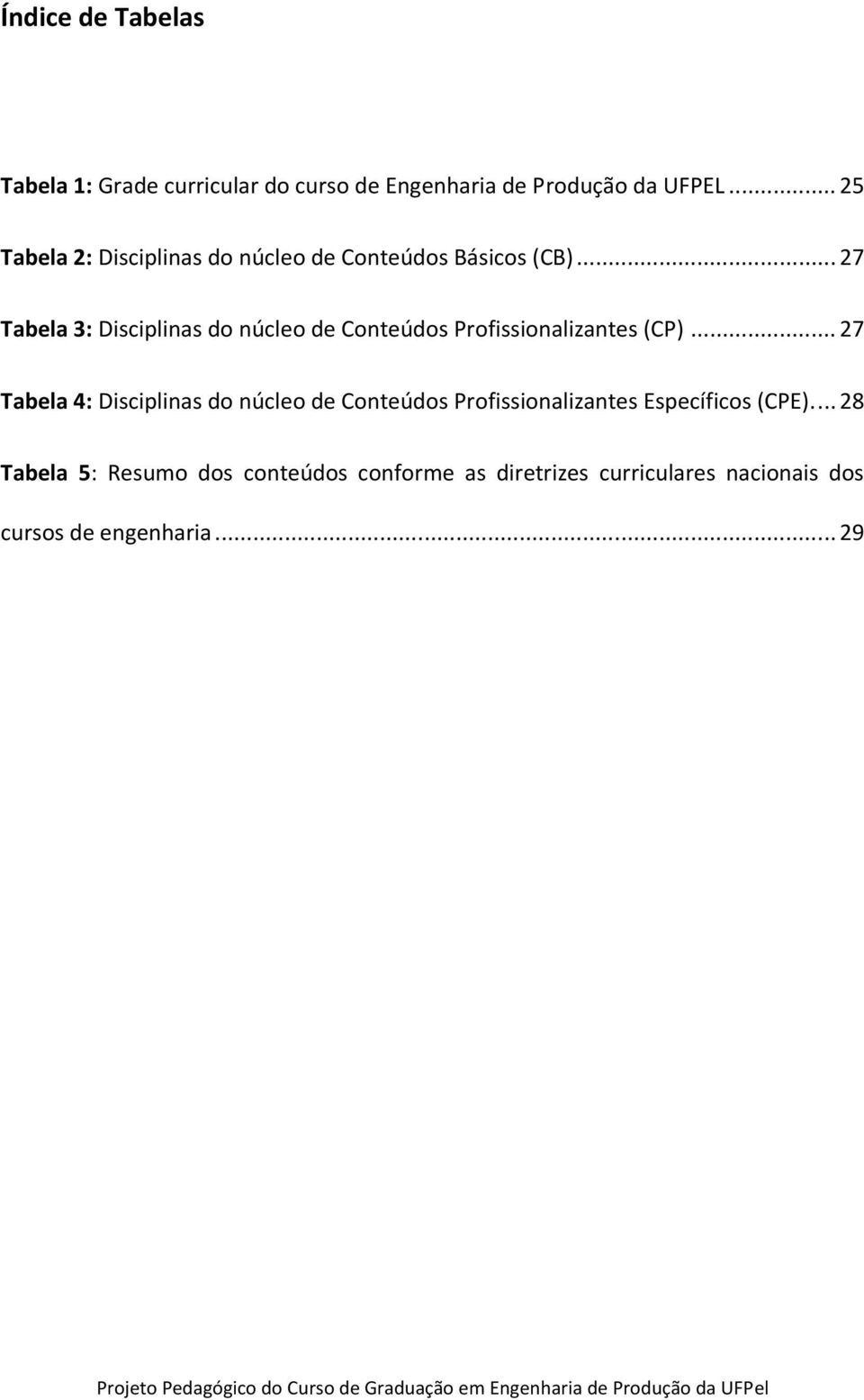 .. 27 Tabela 3: Disciplinas do núcleo de Conteúdos Profissionalizantes (CP).