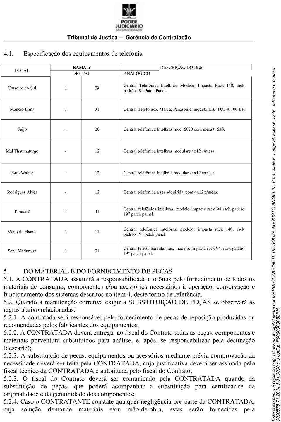 Mal Thaumaturgo - Central telefônica Intelbras modulare 4x c/mesa. Porto Walter - Central telefônica Intelbras modulare 4x c/mesa. Rodrigues Alves - Central telefônica a ser adquirida, com 4x c/mesa.