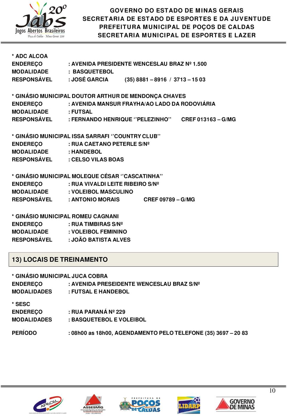 MODALIDADE : FUTSAL RESPONSÁVEL : FERNANDO HENRIQUE PELEZINHO CREF 013163 G/MG * GINÁSIO MUNICIPAL ISSA SARRAFI COUNTRY CLUB ENDEREÇO : RUA CAETANO PETERLE S/Nº MODALIDADE : HANDEBOL RESPONSÁVEL :