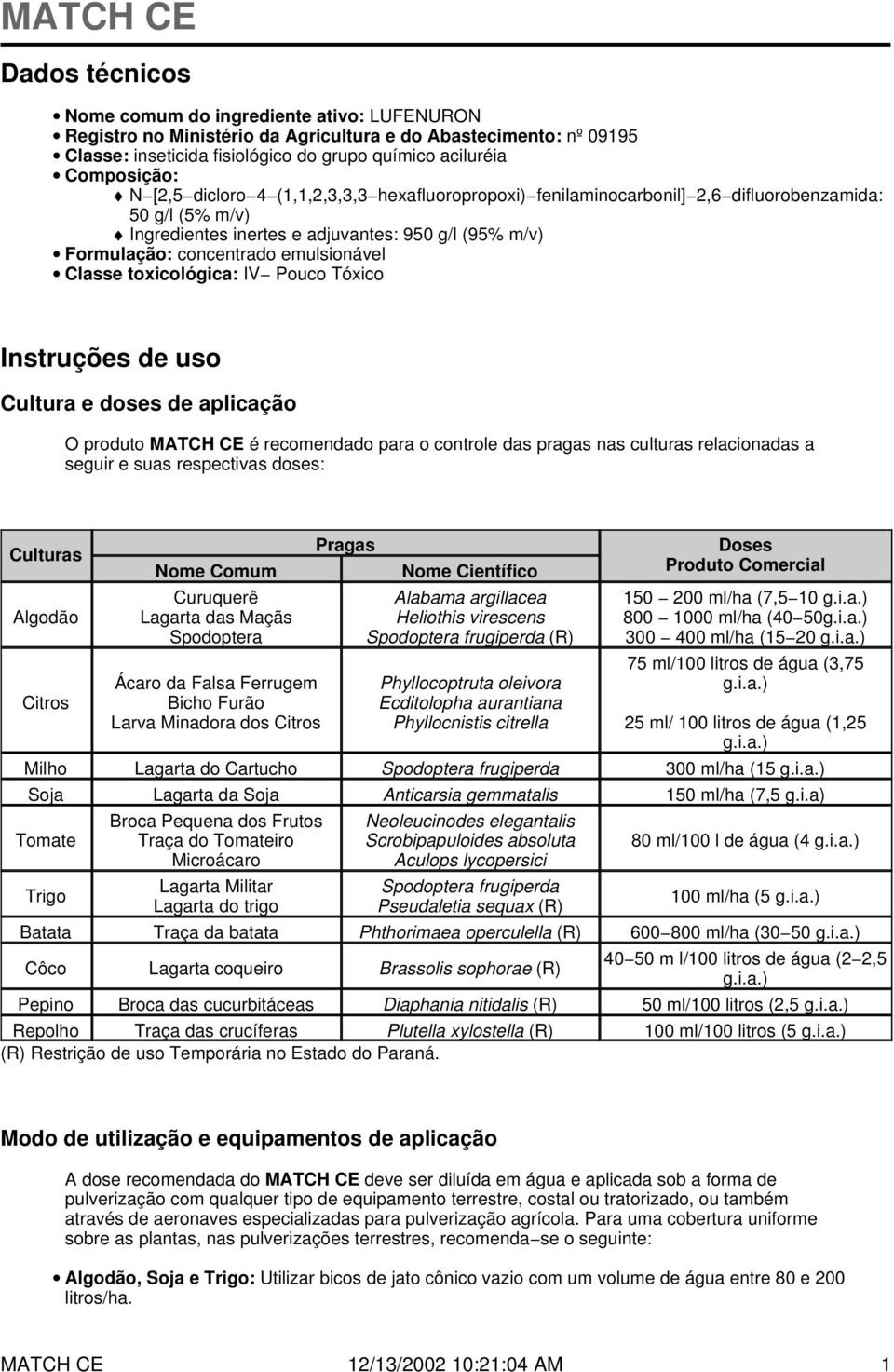 emulsionável Classe toxicológica: IV Pouco Tóxico Instruções de uso Cultura e doses de aplicação O produto MATCH CE é recomendado para o controle das pragas nas culturas relacionadas a seguir e suas