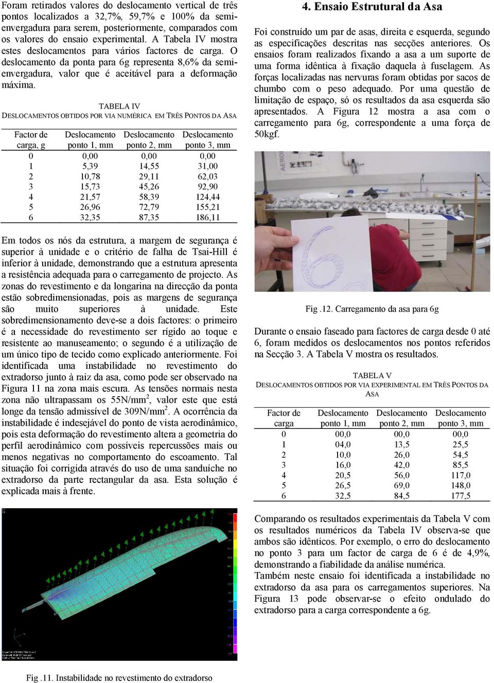 TABELA IV DESLOCAMENTOS OBTIDOS POR VIA NUMÉRICA EM TRÊS PONTOS DA ASA Factor de carga, g ponto 1, mm ponto 2, mm 0 0,00 0,00 0,00 1 5,39 14,55 31,00 2 10,78 29,11 62,03 3 15,73 45,26 92,90 4 21,57