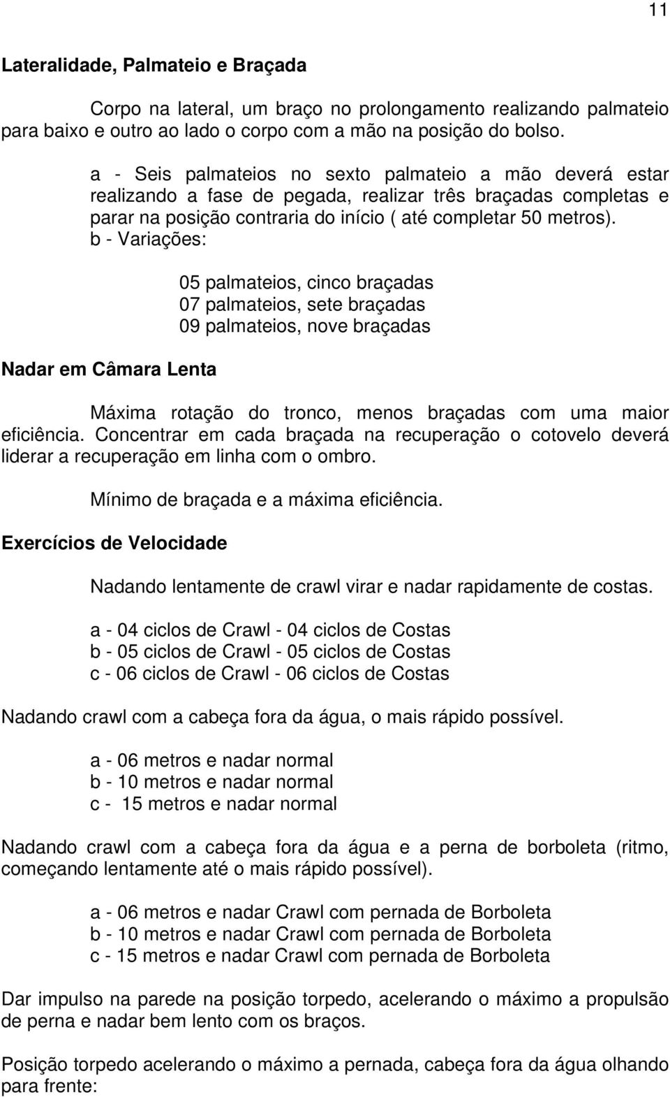 b - Variações: Nadar em Câmara Lenta 05 palmateios, cinco braçadas 07 palmateios, sete braçadas 09 palmateios, nove braçadas Máxima rotação do tronco, menos braçadas com uma maior eficiência.