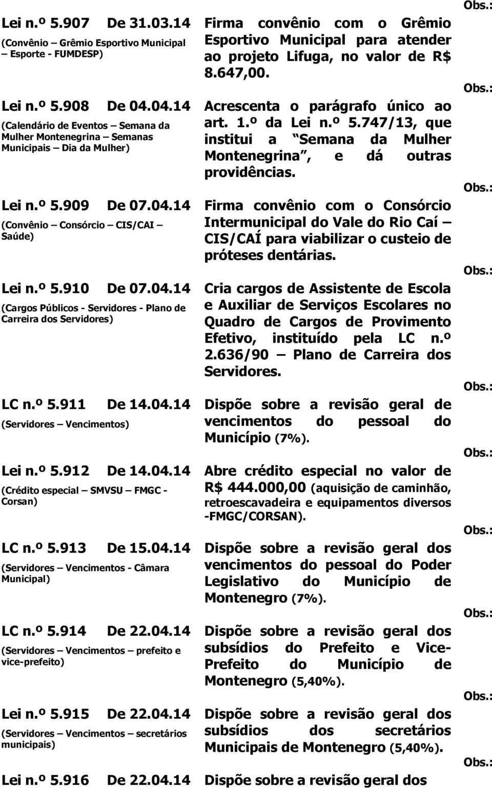 º 5.913 (Servidores Vencimentos - Câmara Municipal) LC n.º 5.914 (Servidores Vencimentos prefeito e vice-prefeito) Lei n.º 5.915 (Servidores Vencimentos secretários municipais) Lei n.º 5.916 De 04.