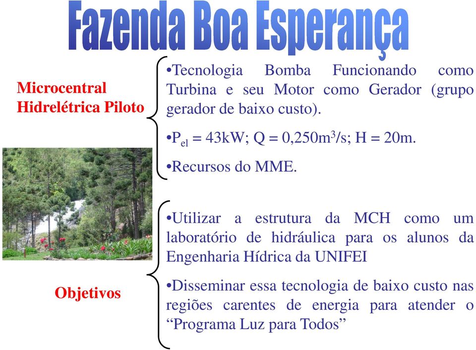 Utilizar a estrutura da MCH como um laboratório de hidráulica para os alunos da Engenharia Hídrica da