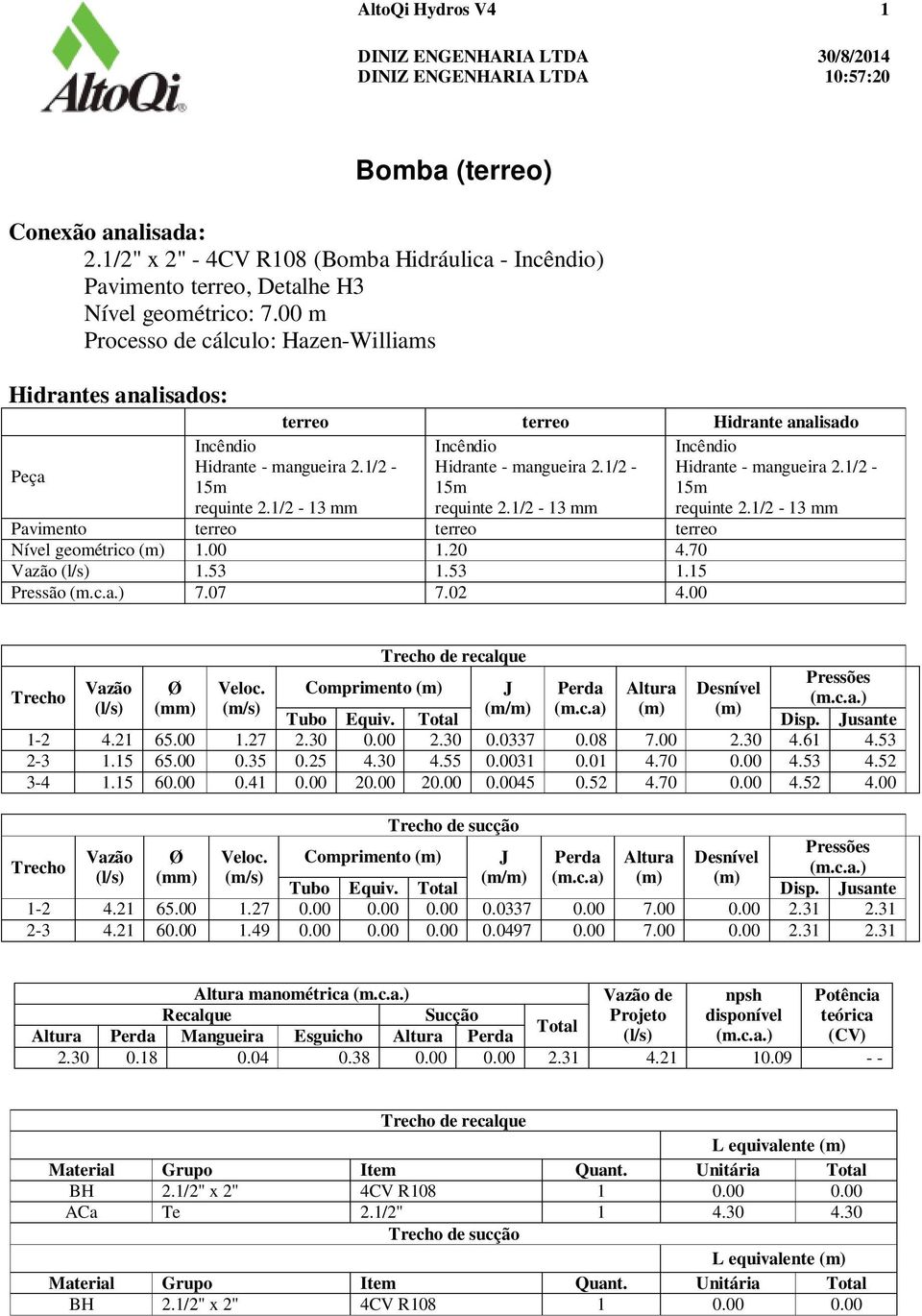 1/2-13 mm Hidrante - mangueira 2.1/2 - requinte 2.1/2-13 mm Pavimento terreo terreo terreo ível geométrico (m) 1. 1.20 4.70 Vazão (l/s) 1.3 1.3 1.1 Pressão (m.c.a.) 7.07 7.02 4.