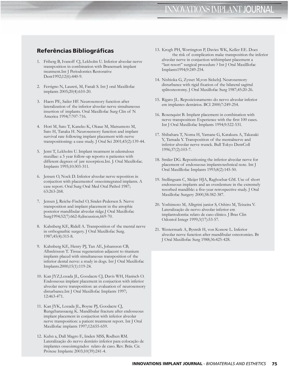 Neurosensory function after lateralization of the inferior alveolar nerve simultaneous insertion of implants. Oral Maxillofac Surg Clin of N America 1994;7:707-7. 4.